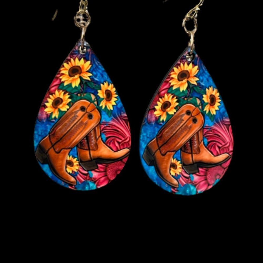 Cute Boot Earrings-Western style with sunflowers